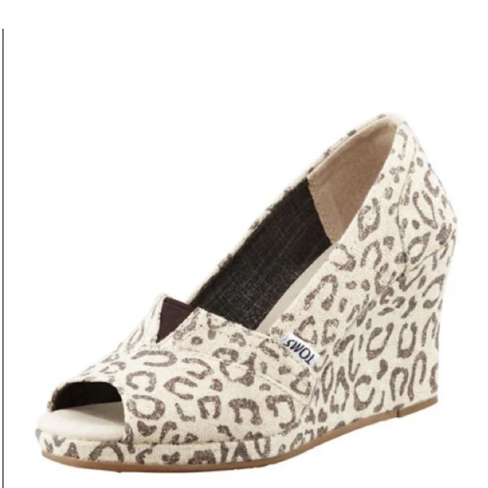 Toms Snow Leopard Peep Toe Wedge Heel Canvas Shoes, size 7.5
